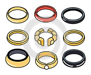 Assorted hand-drawn bracelets and rings set. Cartoon jewelry accessories illustration. Collection of fashionable