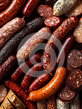 Assorted handcrafted sausages, rich in detail, fading into a smooth mustard-yellow gradient