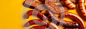 Assorted handcrafted sausages, rich in detail, fading into a smooth mustard-yellow gradient