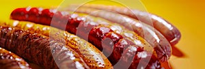 Assorted handcrafted sausages, rich in detail, fading into a smooth mustard-yellow gradient