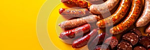 Assorted handcrafted sausages, rich in detail, fading into a smooth mustard-yellow gradient