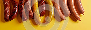Assorted handcrafted sausages, rich in detail, fading into a smooth mustard-yellow gradient