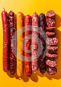 Assorted handcrafted sausages, rich in detail, fading into a smooth mustard-yellow gradient