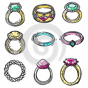Assorted handdrawn engagement rings colorful sketch collection. Precious gemstones, diamonds
