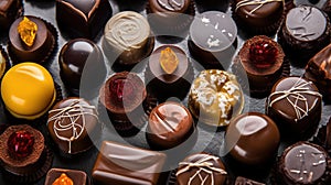 Assorted handmade chocolates, box of candies, bon-bons and truffles made of dark, white and milk chocolate. Delicious dessert