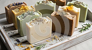 Assorted handmade soap bars displayed on
