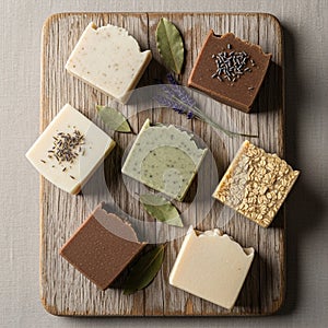 Assorted handmade soap bars displayed on