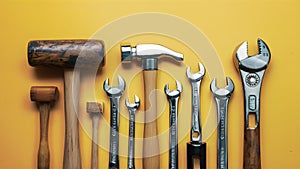Assorted Handyman Tools on Yellow Background. Concept Handyman Tools, Yellow Background