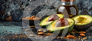 Assorted healthy fats avocado, nuts, seeds, olive oil on white background, space for text design.
