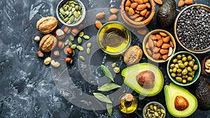 Assorted healthy fats with avocado, nuts, seeds, and olive oil on wooden background, space for text.