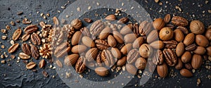 Assorted Healthy Nuts Mix on Dark Textured Background