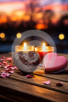 Assorted Heart-Shaped Chocolates, Candlelit Atmosphere with Wooden Table. photo