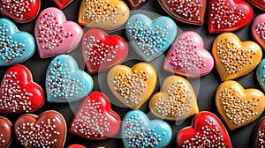 Assorted Heart-Shaped Chocolates with Colorful Sprinkles. Generative ai