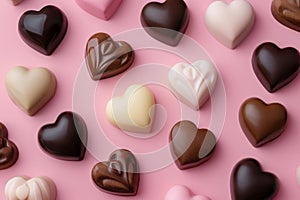 Assorted heart-shaped chocolates on a pink background.