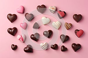 Assorted heart-shaped chocolates on a pink background.