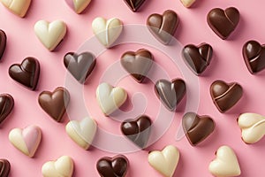 Assorted heart-shaped chocolates on a pink background.