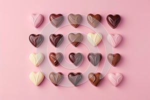 Assorted heart-shaped chocolates on a pink background.