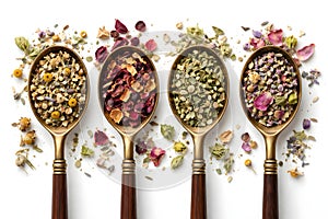 Assorted Herbal Tea Blends In Wooden Spoons On Clean White Background