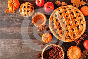Assorted homemade autumn pies. Corner border on a rustic wood background.