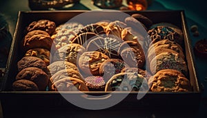 Assorted homemade gourmet sweets in a rustic wooden tray generated by AI