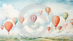 Assorted hot air balloons floating in morning sky. Wall art wallpaper