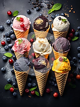 Assorted ice cream cones with flavors of blueberry, strawberry, pistachio, almond, orange, and cherry on a dark stone background,