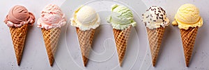 Assorted ice cream cones on a light background