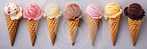 Assorted ice cream cones on a light background