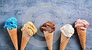 Assorted ice cream flavors in cones in a banner