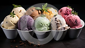 Assorted Ice Cream Flavors Presented On A Dark Stone