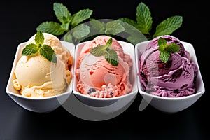 Assorted ice cream flavours with fresh mint on black background for menu or banner design