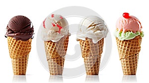 Assorted ice cream scoops in waffle cones, isolated on white background. created with Generative AI