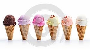 Assorted ice cream in sugar cones on white background. generative ai