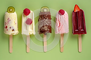 Assorted ice pops with fruits on a green background.
