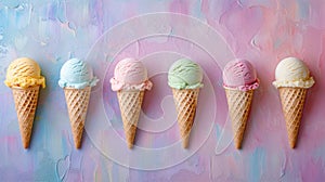 Assorted icecream cones lined up, set on color background