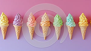 Assorted icecream cones lined up, set on color background