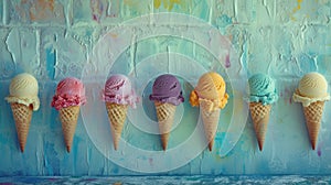 Assorted icecream cones lined up, set on color background