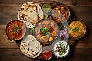 Assorted Indian food Curry butter chicken, Paneer, Chiken Tikka, Biryani, Dishes and appetisers of indeed cuisine, rice