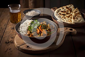 Assorted indian food for lunch or dinner, rice, lentils, paneer butter masala, palak panir, dal makhani, naan, green