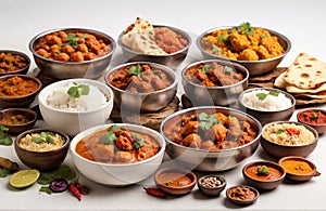 Assorted indian food on white background