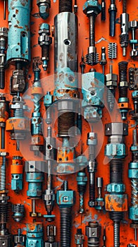 Assorted Industrial Mechanical Engineering Equipment on Orange Background with Rustic Textures