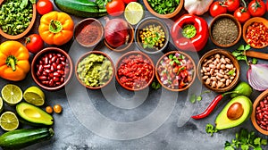 Assorted Ingredients for Mexican Cuisine on Wooden Table. Traditional Mexican gastronomy