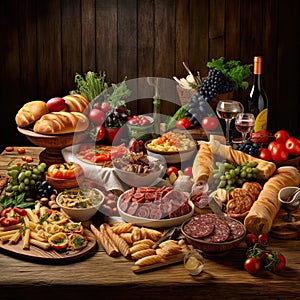 Assorted Italian food set. Table full of mediterranean appetizers Italian style.