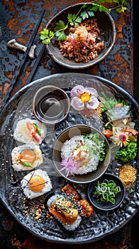 Assorted Japanese Cuisine Delights on Rustic Table Sushi, Sashimi, Rice Bowls, Condiments, and Decorative Edibles photo