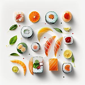 Assorted of Japanese sushi, nigiri and maki pieces isolated on white background. Ai generated art