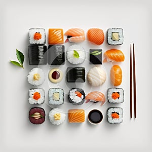 Assorted of Japanese sushi, nigiri and maki pieces isolated on white background. Ai generated art