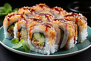 Assorted japanese sushi rolls with chopsticks, soy sauce, and wasabi on traditional tableware