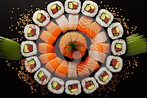 Assorted of Japanese sushi and rolls with salmon and avocado.