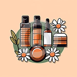 Assorted jars for cosmetics with chamomile in a green circle on a pink