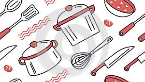 Assorted Kitchen Utensils Seamless Pattern, Cooking Theme, vector design Generative AI